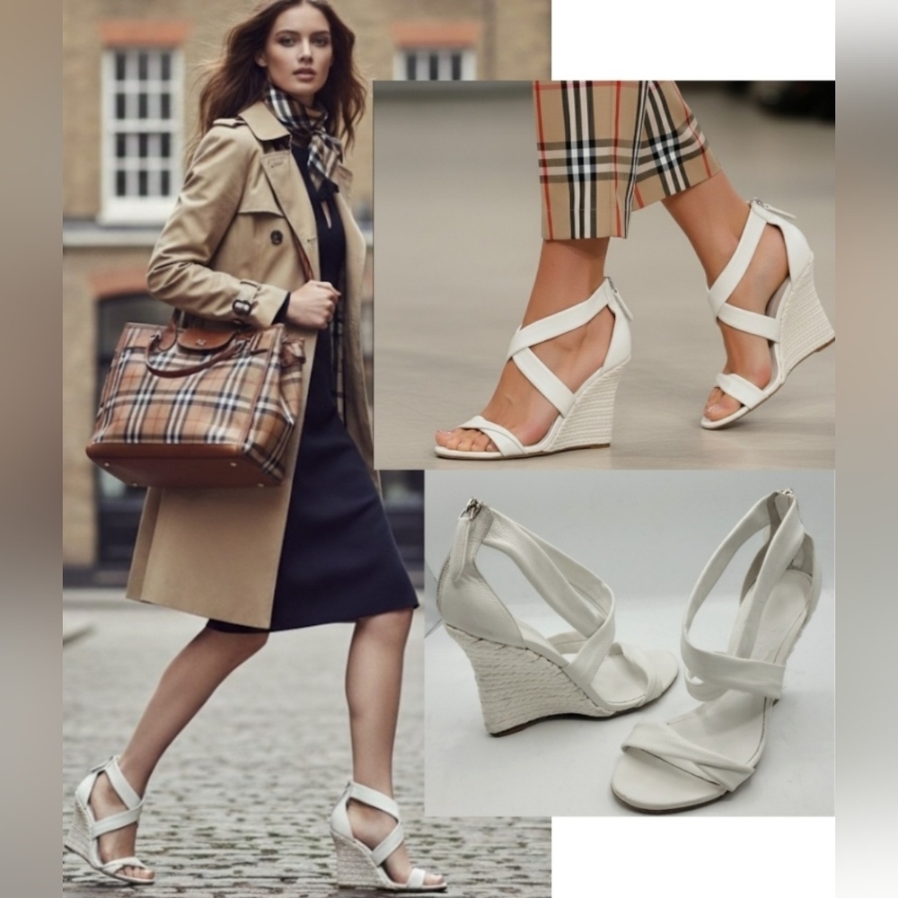 BURBERRY White Leather Strappy Wedge Espadrilles Back Zip 39, 9US